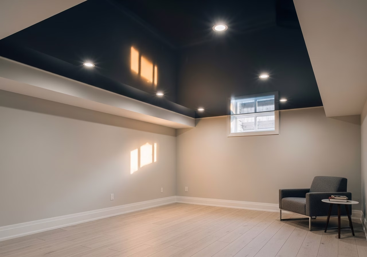 Basement Stretch Ceiling — finished result in a Toronto or GTA home by RenoHouse
