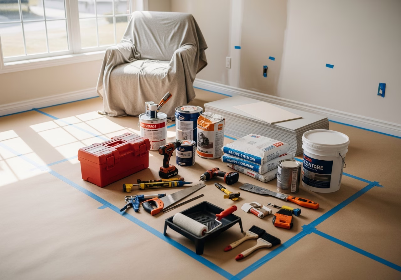Basement Waterproofing — tools and materials staged in a Greater Toronto Area home