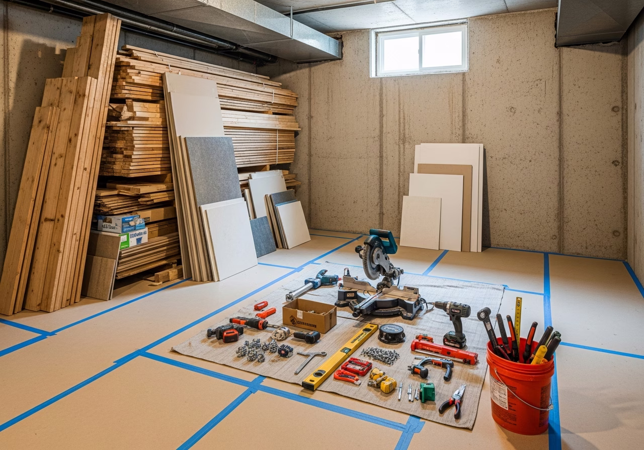 Basement Waterproofing — tools and materials staged in a Greater Toronto Area home