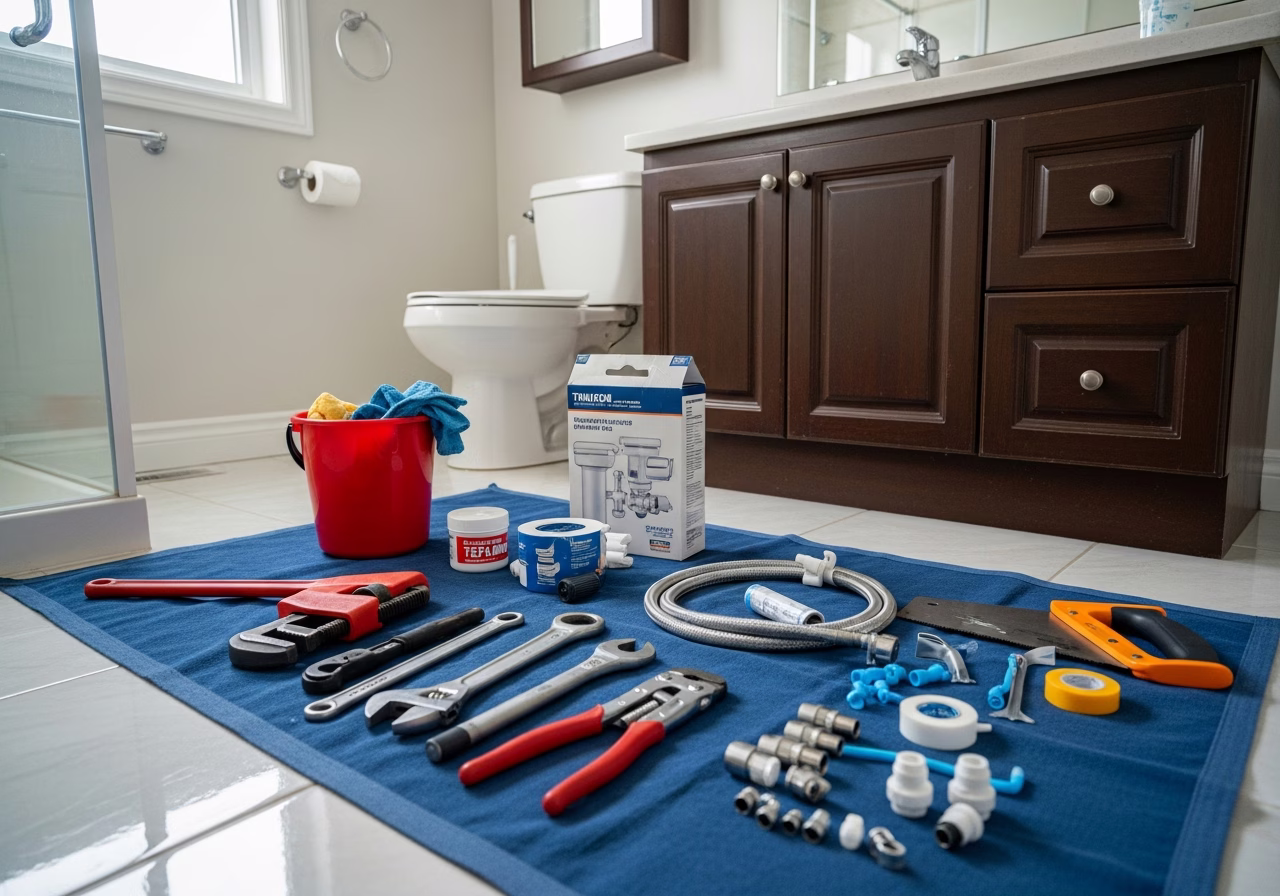 Bathroom Plumbing — tools and materials staged in a Greater Toronto Area home