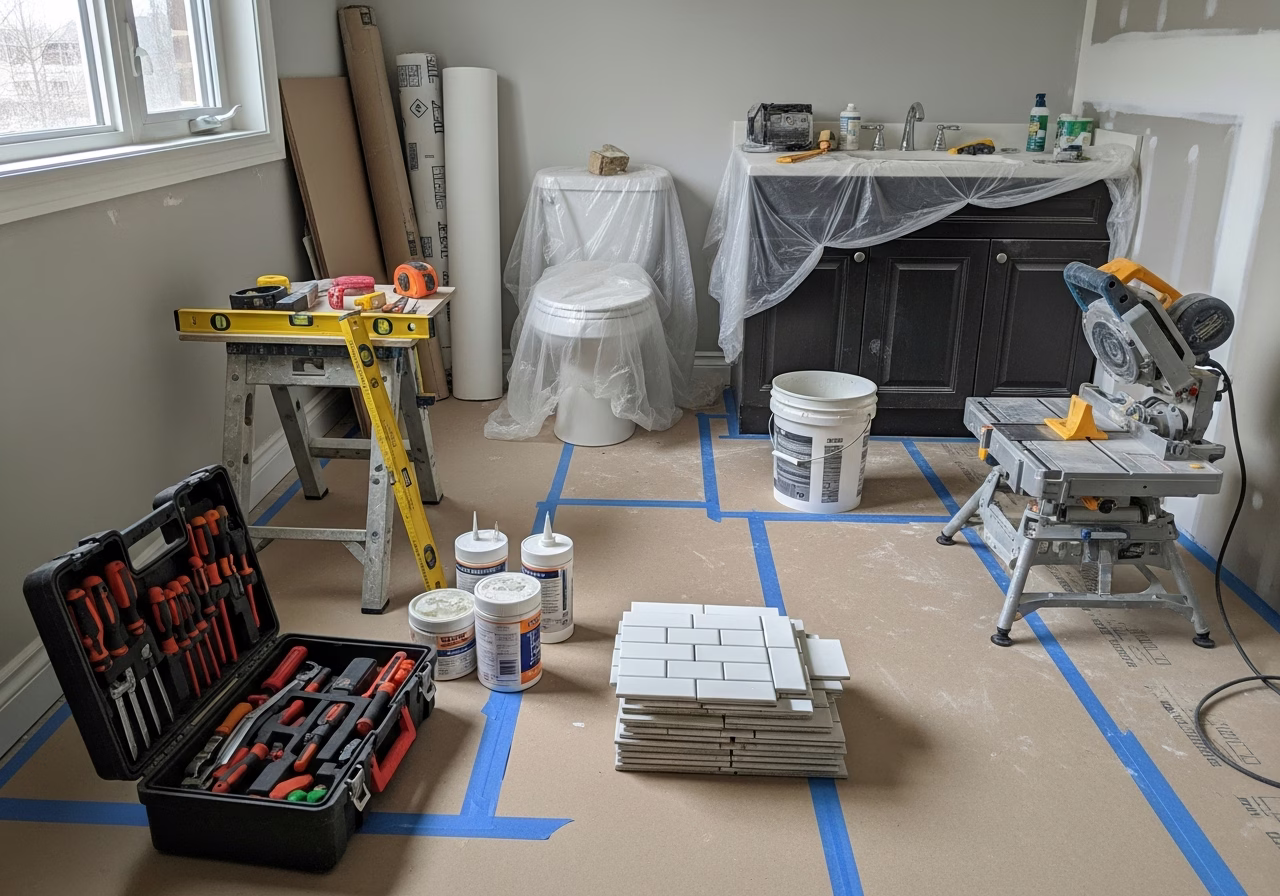 Bathroom Renovation — tools and materials staged in a Greater Toronto Area home
