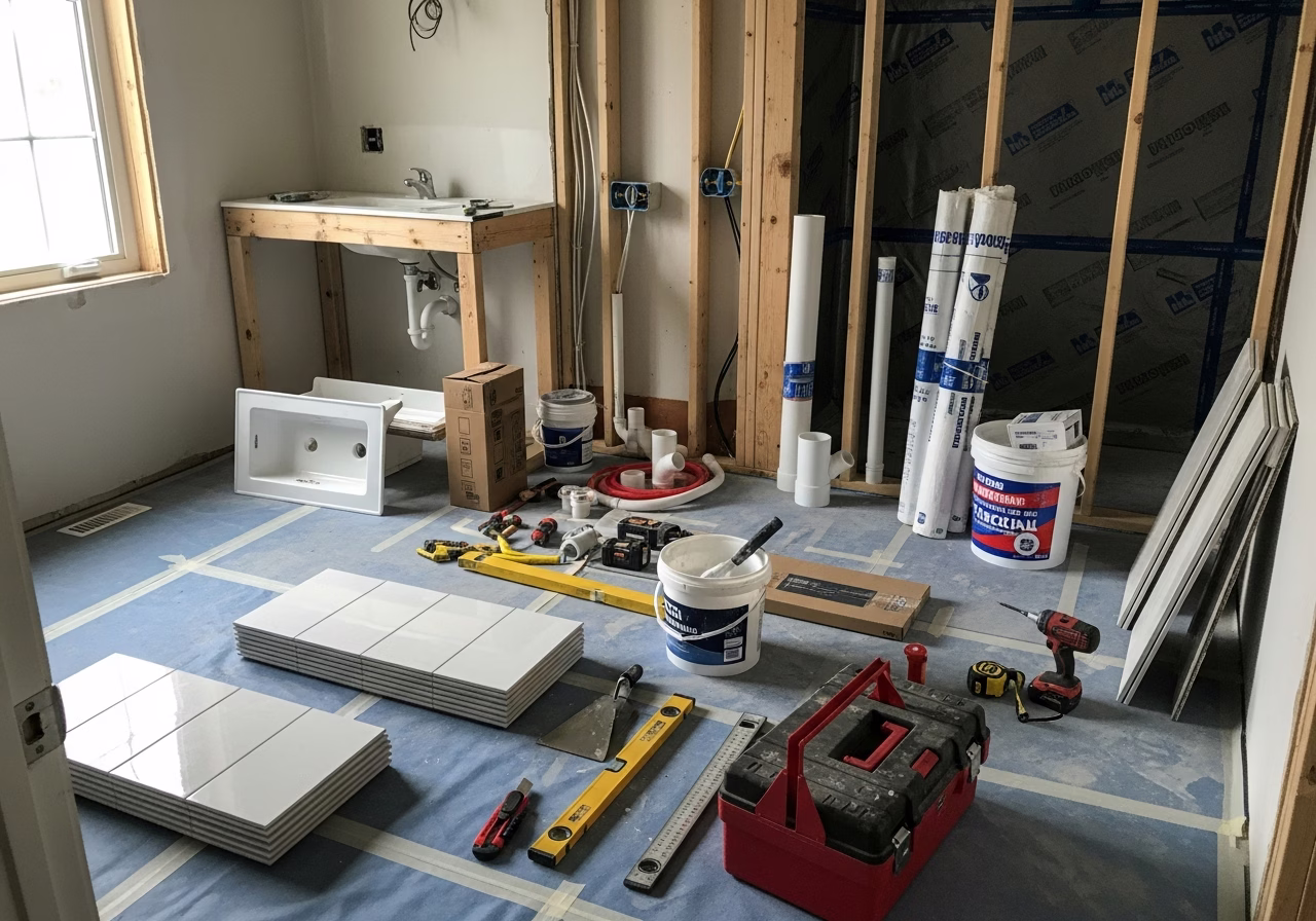 Bathroom Renovation β tools and materials staged in a Greater Toronto Area home