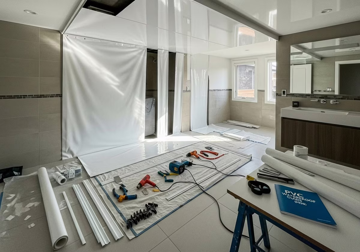 Bathroom Stretch Ceiling — tools and materials staged in a Greater Toronto Area home