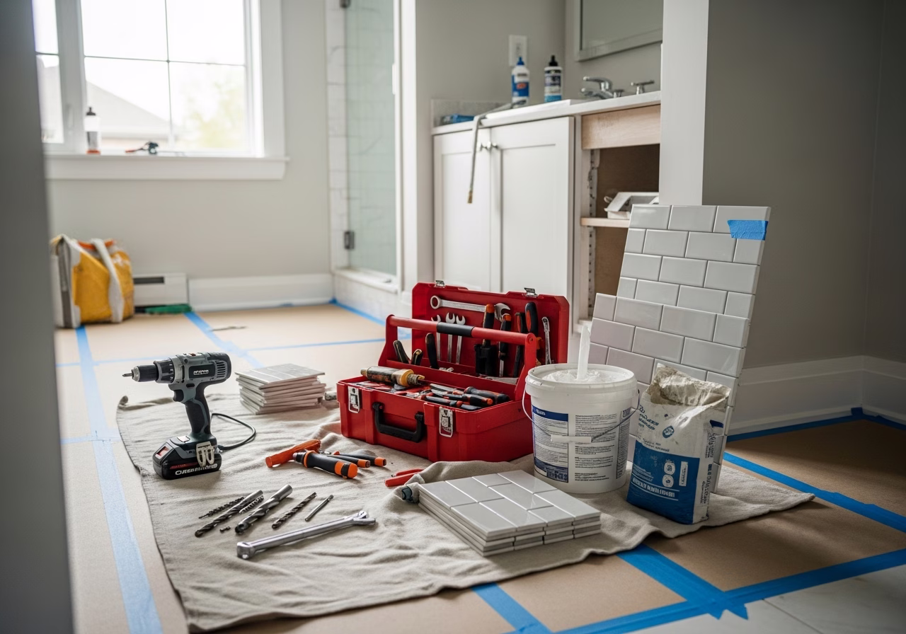 Bathtub Caulking — tools and materials staged in a Greater Toronto Area home