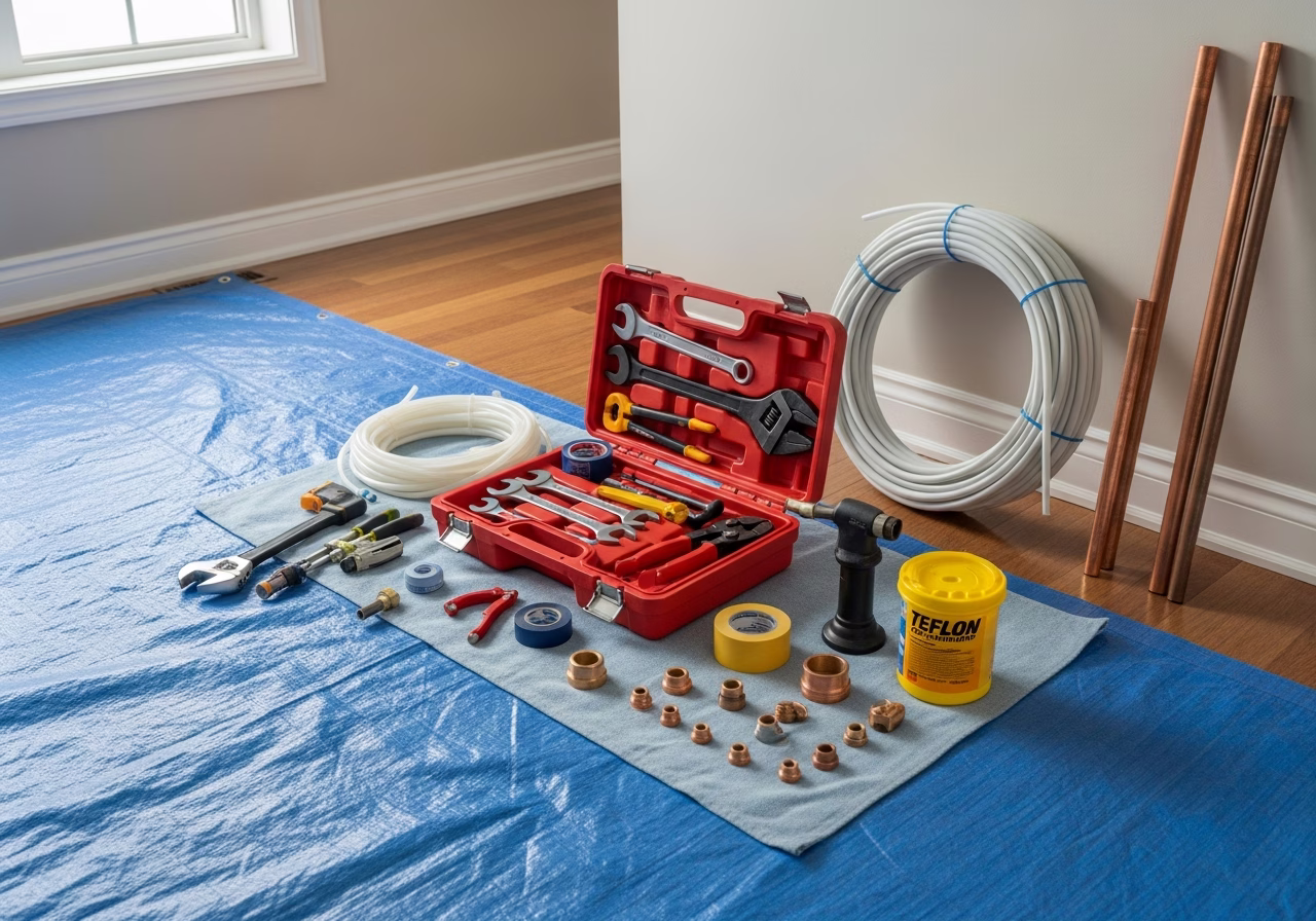 Battery Backup Sump Pump โ tools and materials staged in a Greater Toronto Area home