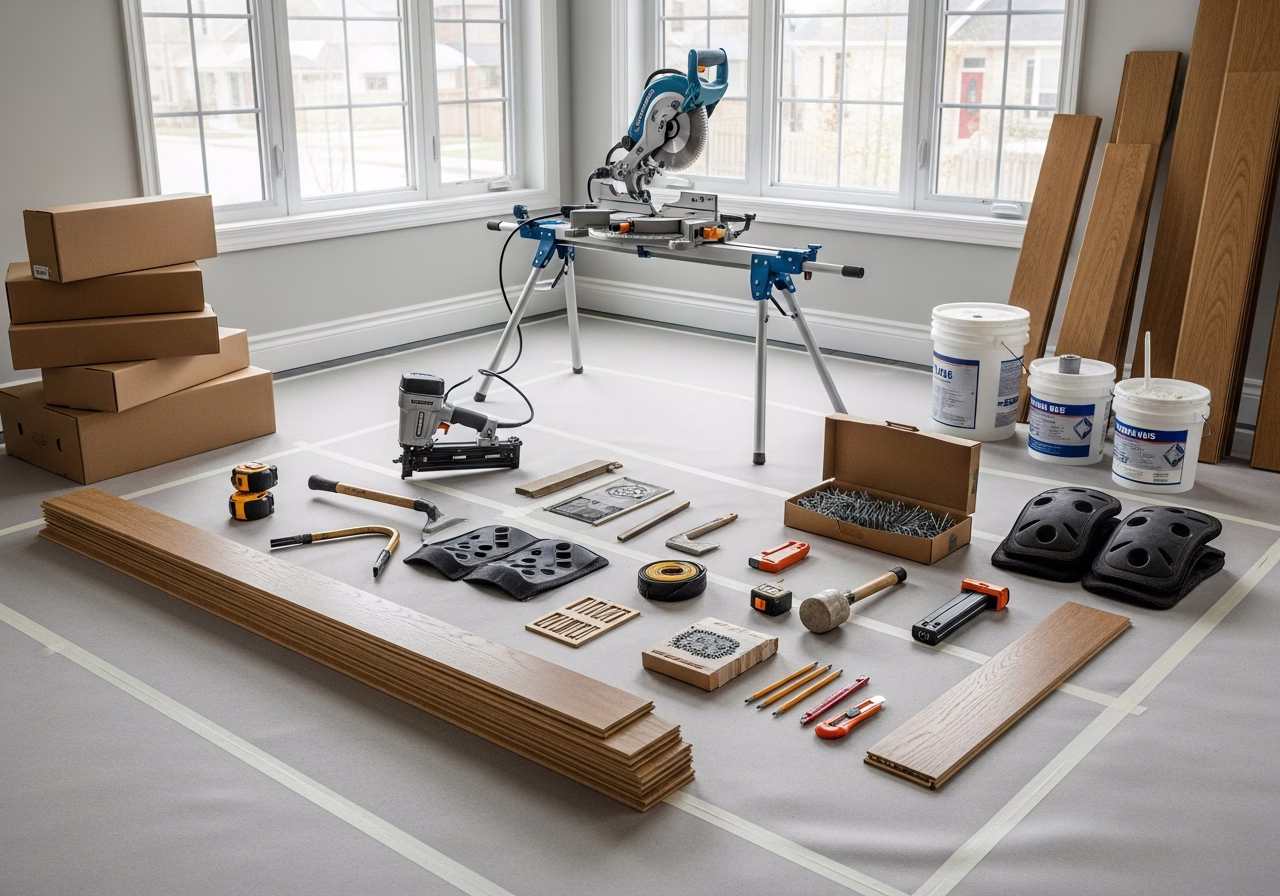 Best Flooring for Toronto Basements — tools and materials staged in a Greater Toronto Area home