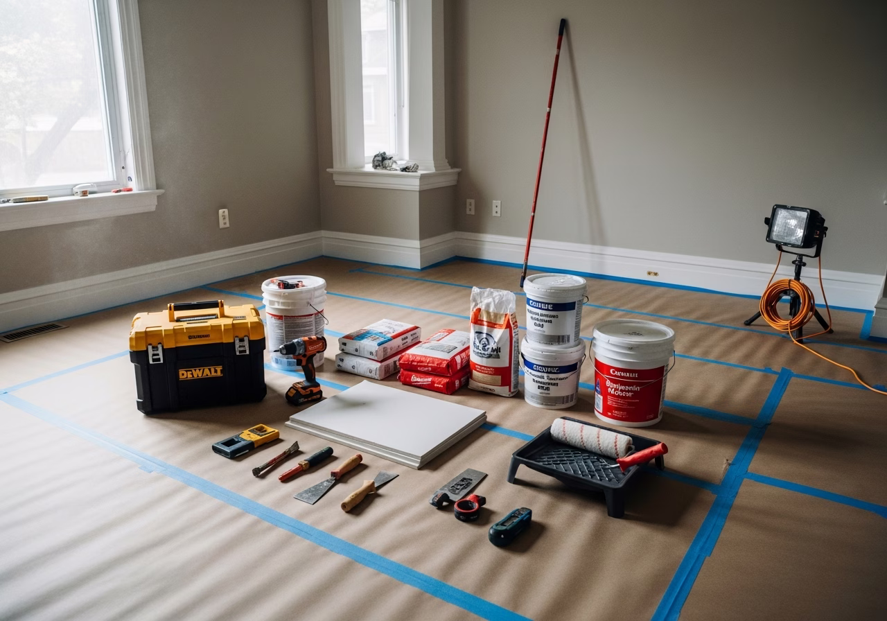Built-In Mudroom Bench — tools and materials staged in a Greater Toronto Area home