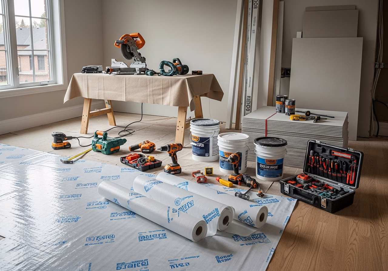 Built-In Office Desk and Shelving โ tools and materials staged in a Greater Toronto Area home