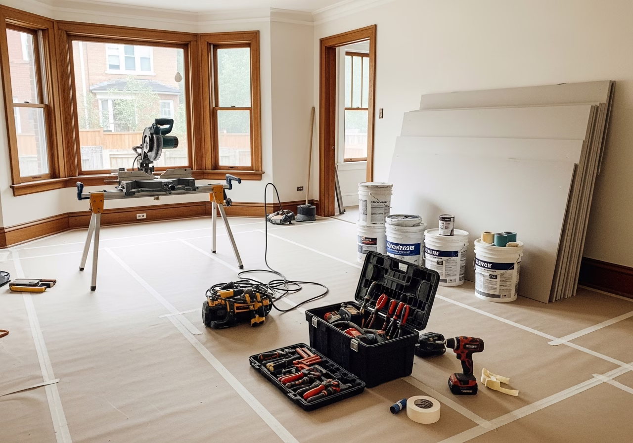 Built-In TV Wall Units โ tools and materials staged in a Greater Toronto Area home