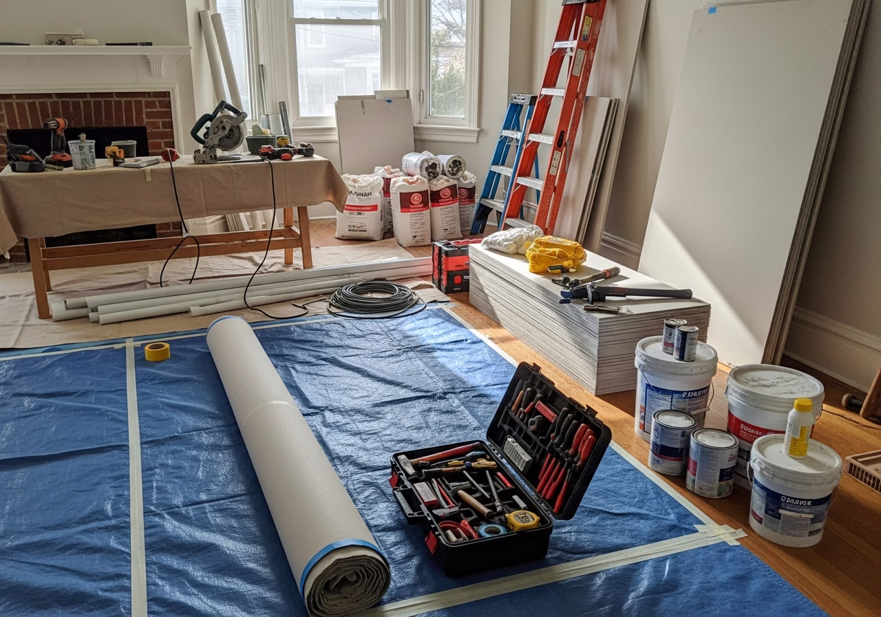 Built-In Window Bench Seat — tools and materials staged in a Greater Toronto Area home