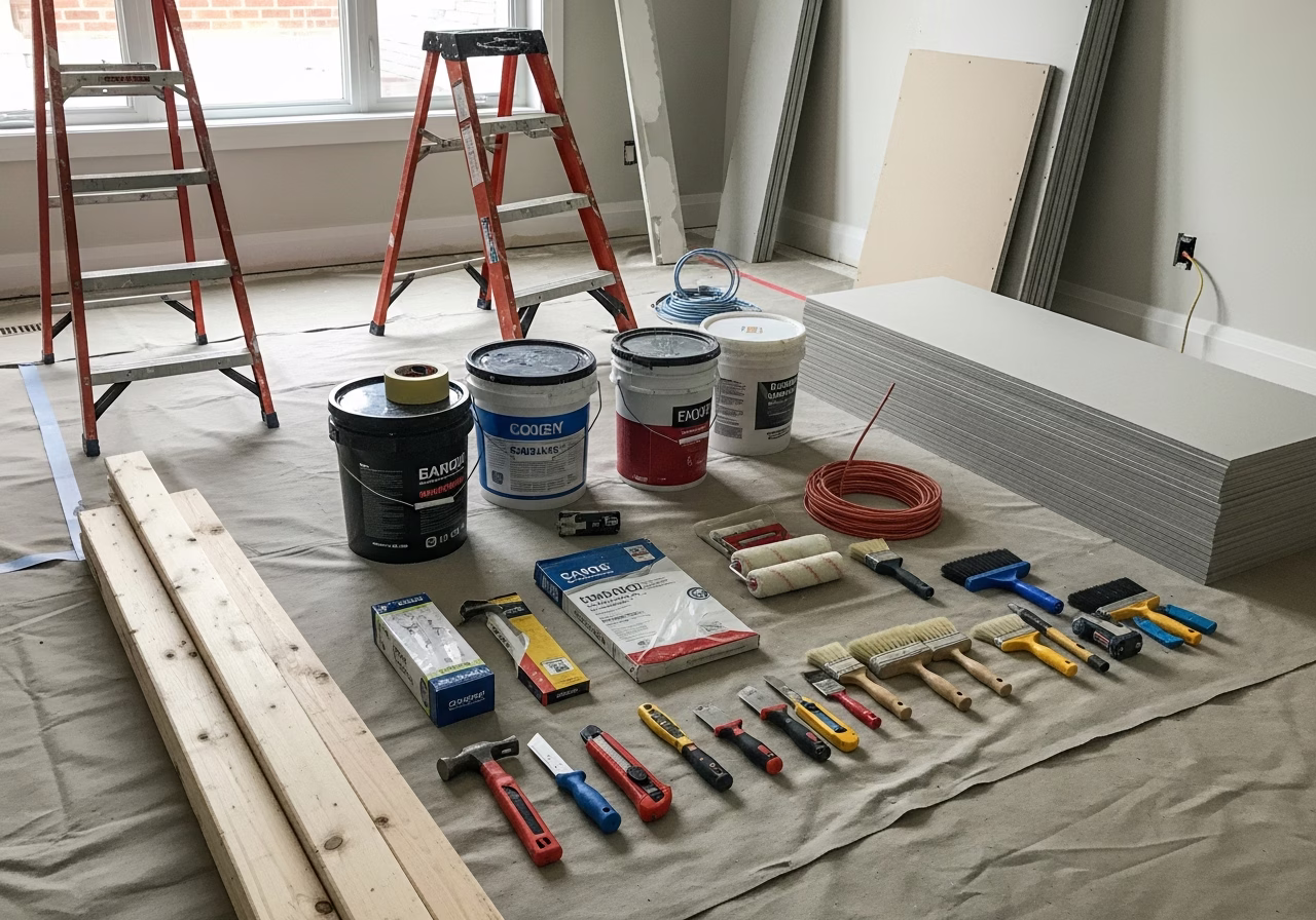 Bulkhead vs Flush Beam in Toronto Open-Concept Renovations — tools and materials staged in a Greater Toronto Area home