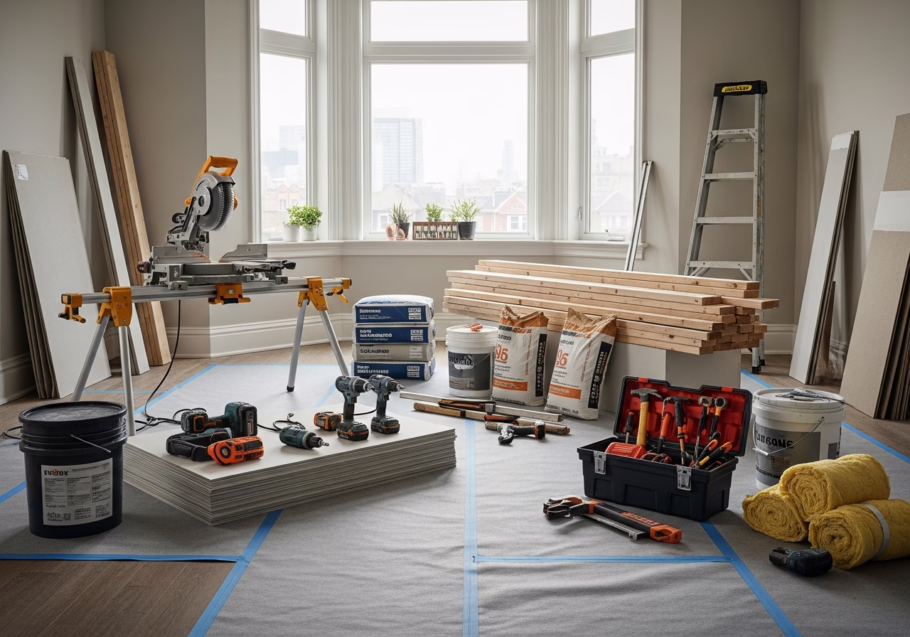 Can You Tile on Top of Tiles — tools and materials staged in a Greater Toronto Area home