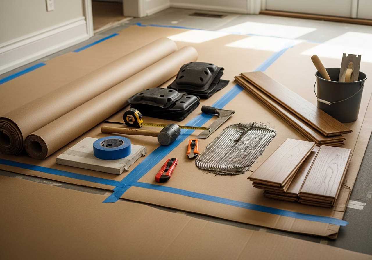 Carpet vs Hardwood vs Laminate — tools and materials staged in a Greater Toronto Area home