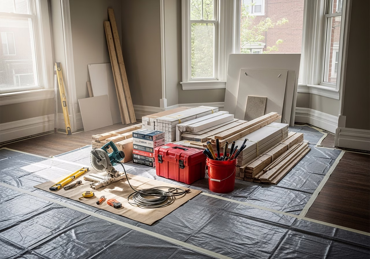 Cat-Friendly Built-Ins and Shelves — tools and materials staged in a Greater Toronto Area home