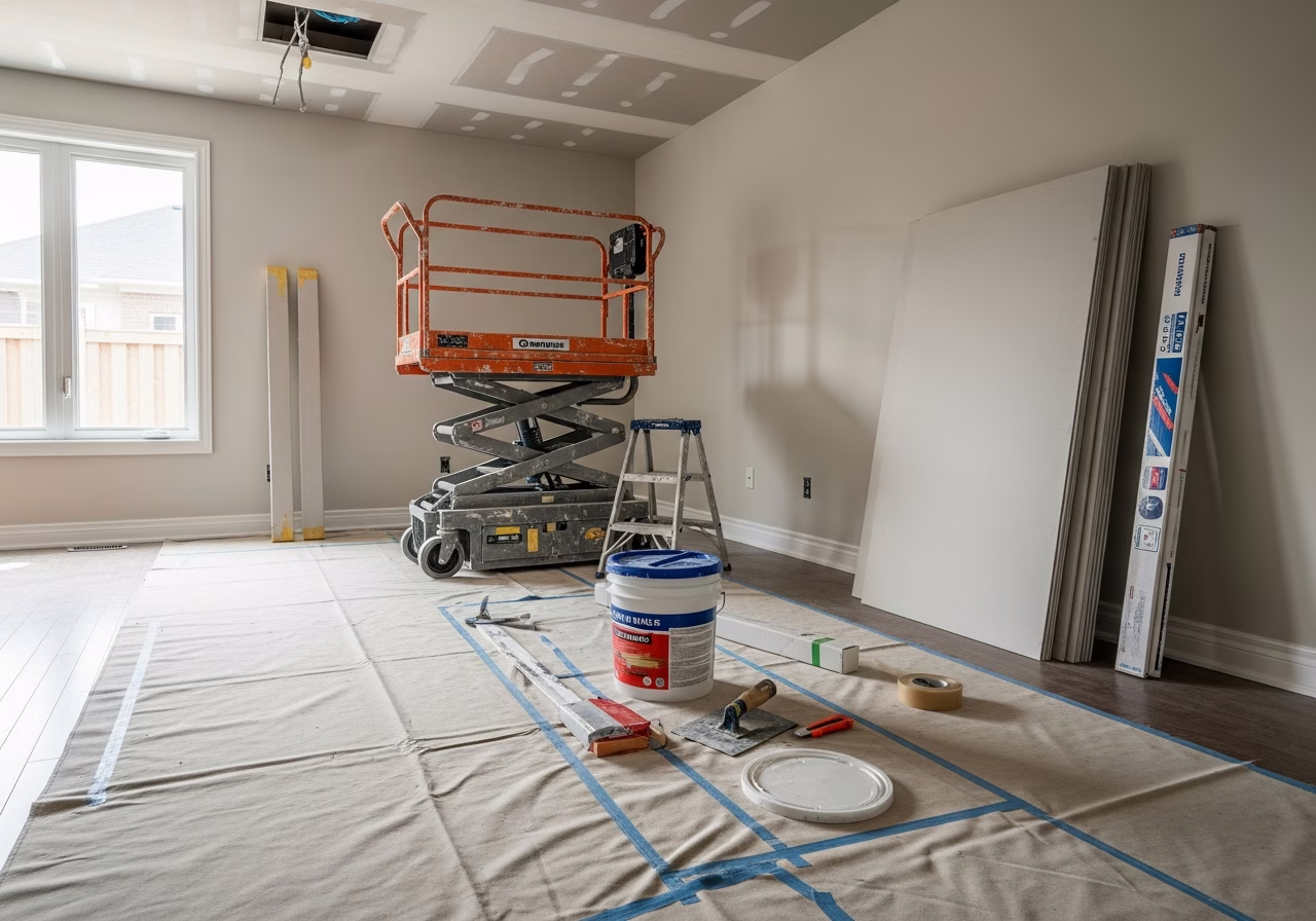 Ceiling Texture Options — tools and materials staged in a Greater Toronto Area home