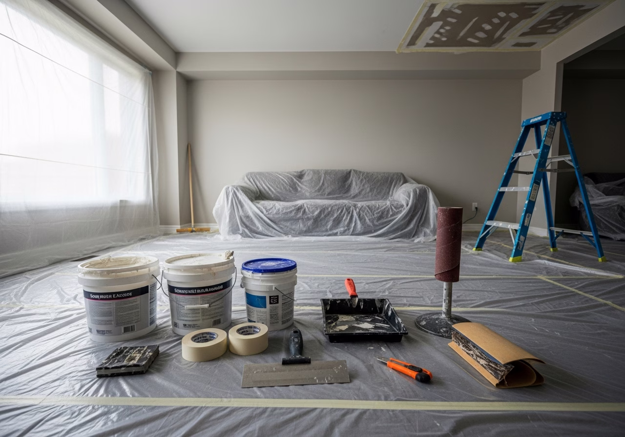 Ceiling Texture Options — tools and materials staged in a Greater Toronto Area home