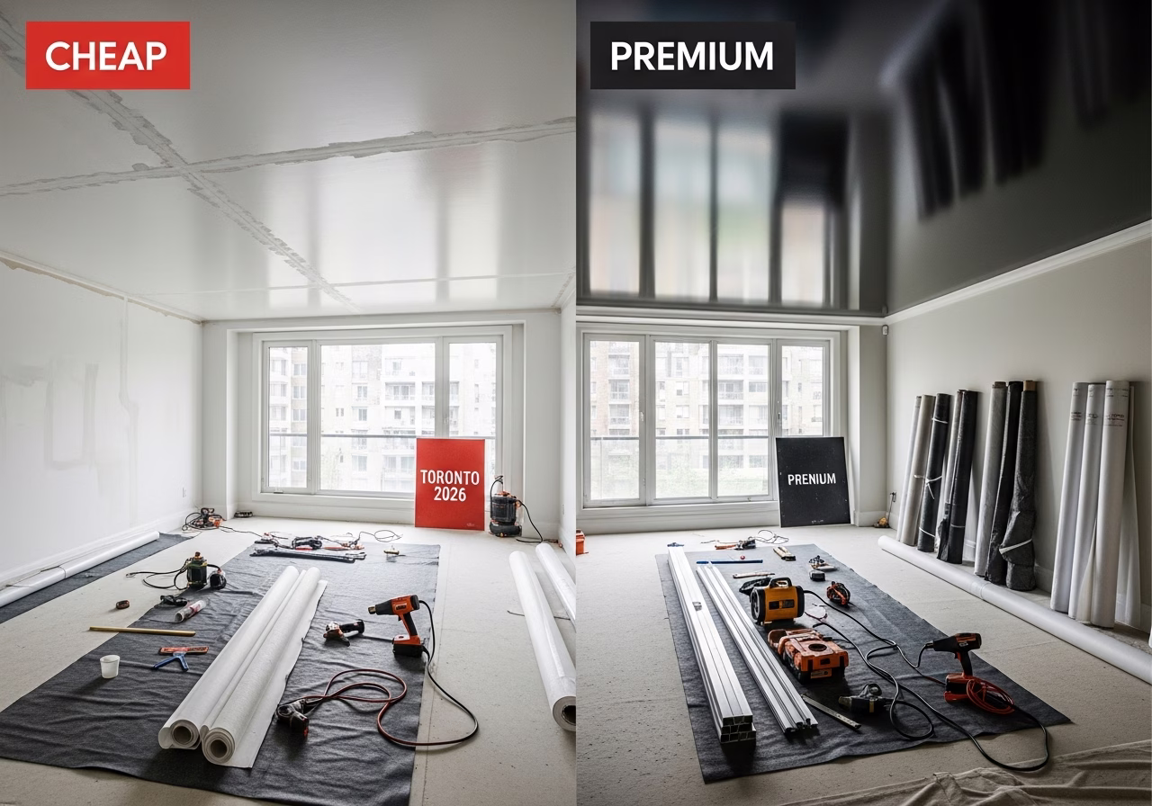 Cheap vs Premium Stretch Ceiling — tools and materials staged in a Greater Toronto Area home