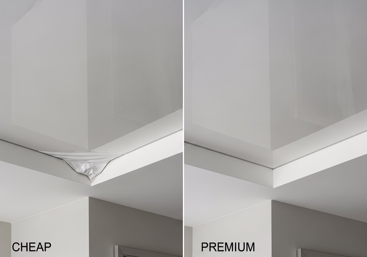 Cheap vs Premium Stretch Ceiling — close-up of professional workmanship in a Toronto-area home