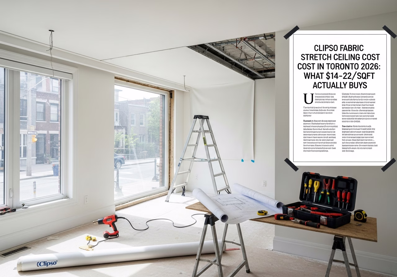 Clipso Fabric Stretch Ceiling — tools and materials staged in a Greater Toronto Area home