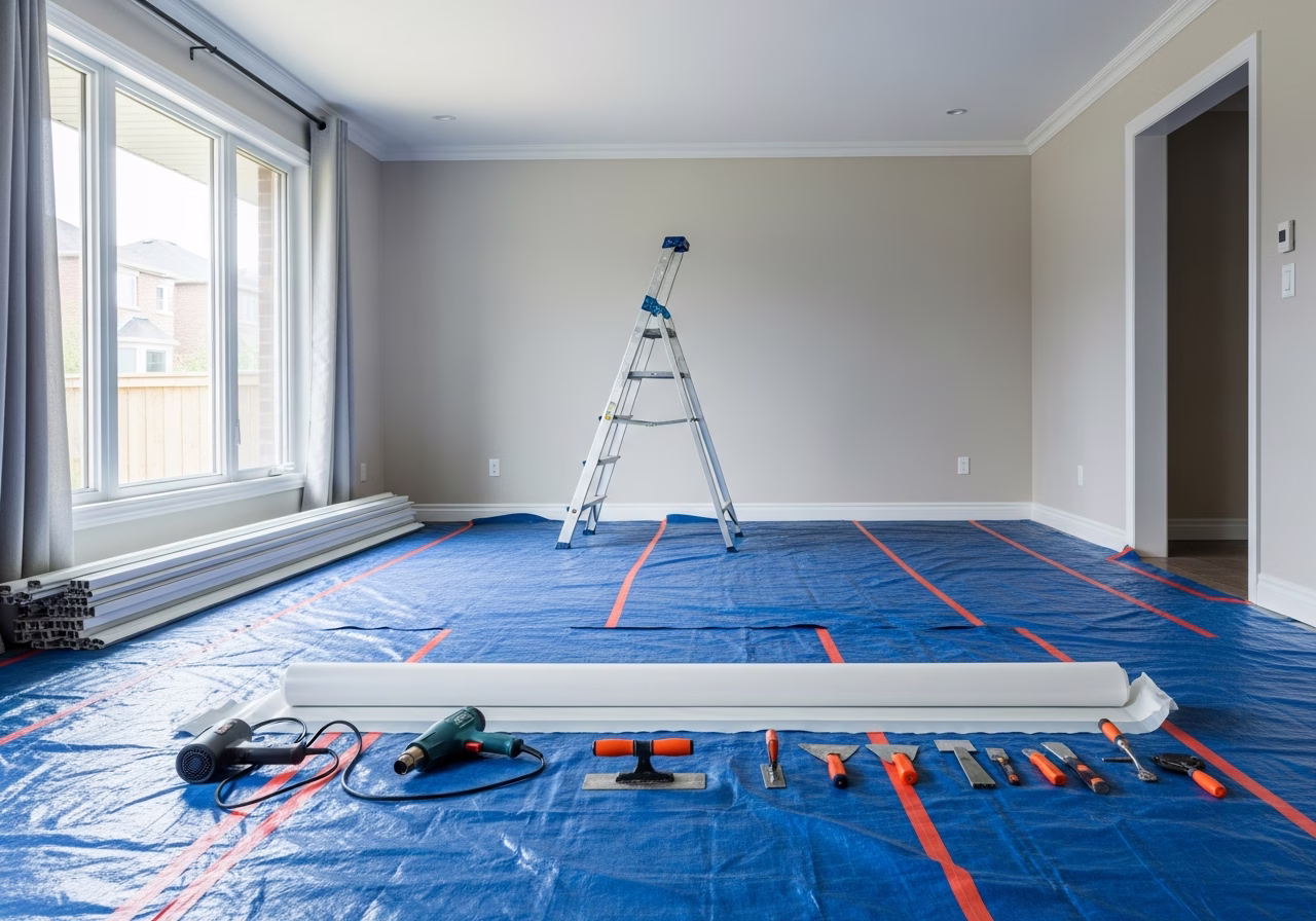 Clipso vs Barrisol vs Newmat — tools and materials staged in a Greater Toronto Area home
