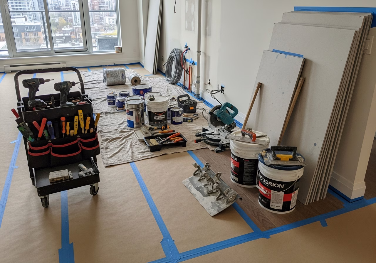 Condo Renovation — tools and materials staged in a Greater Toronto Area home