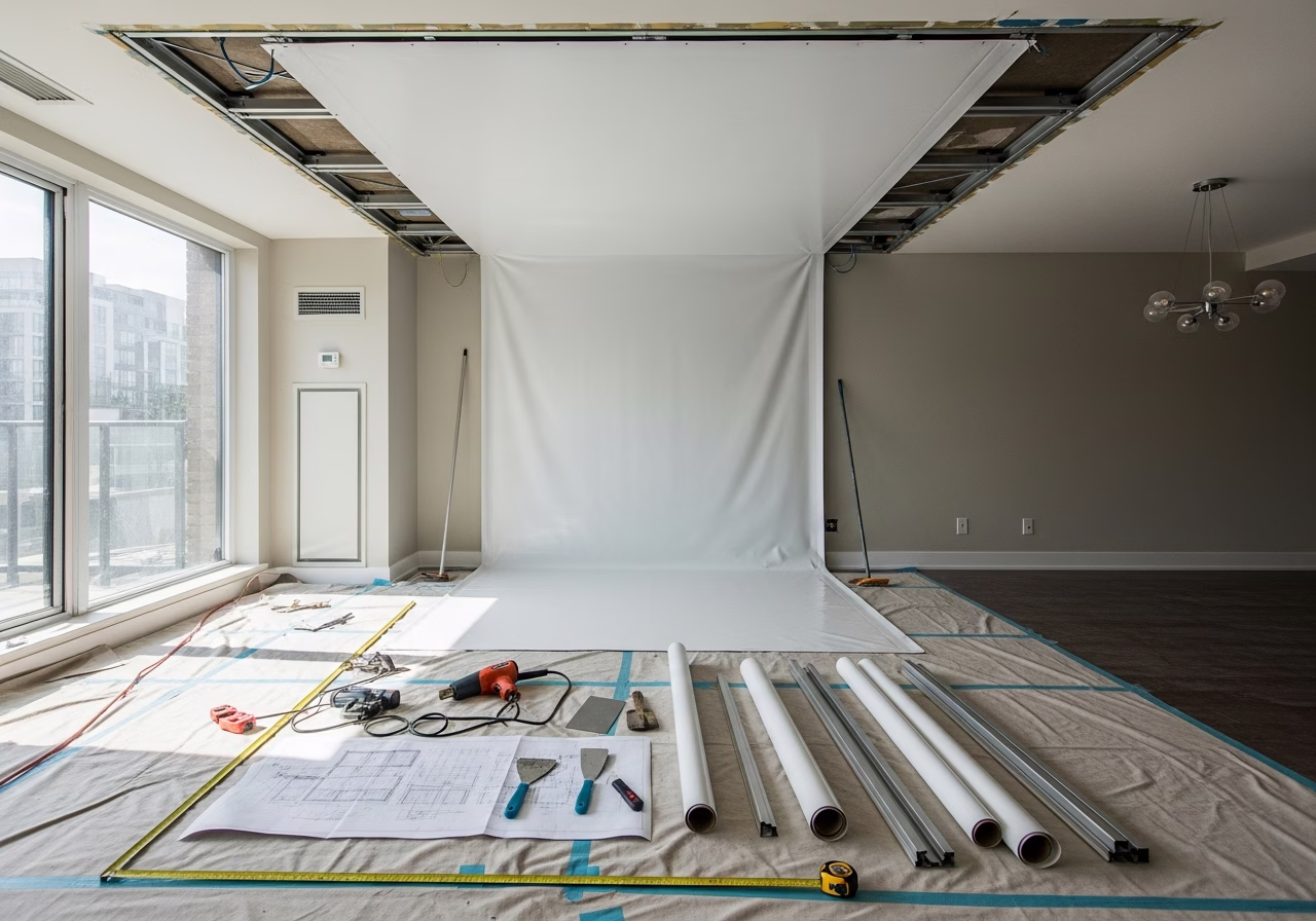 Toronto Condo Stretch Ceiling — tools and materials staged in a Greater Toronto Area home
