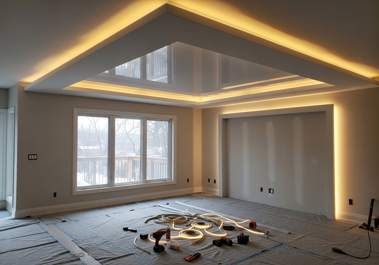 Cove Lighting with Stretch Ceiling — tools and materials staged in a Greater Toronto Area home