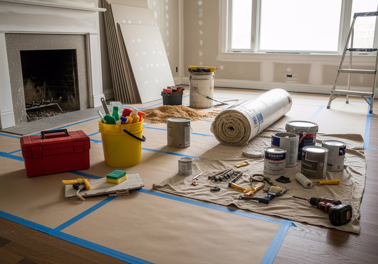Crown Moulding Installation — tools and materials staged in a Greater Toronto Area home