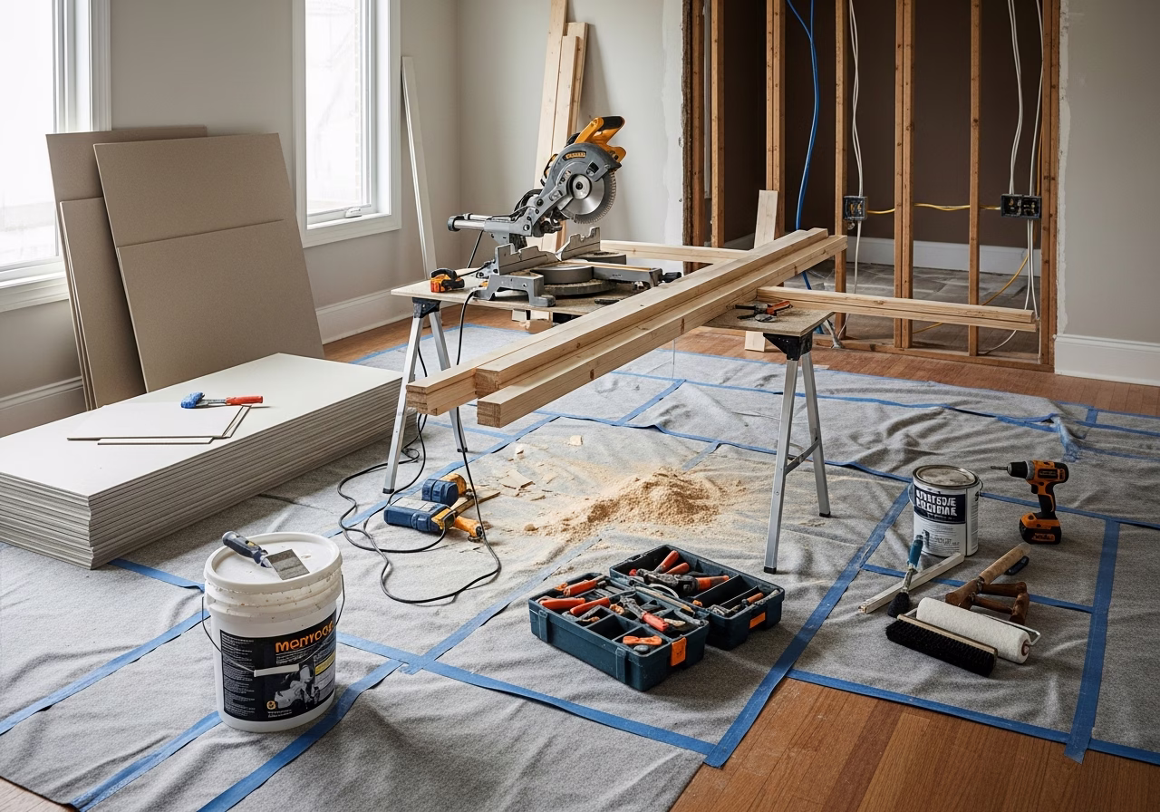 Decking Installation — tools and materials staged in a Greater Toronto Area home