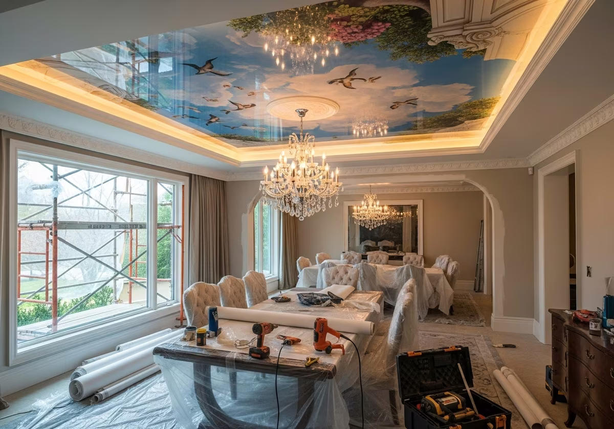 Dining Room Stretch Ceiling — tools and materials staged in a Greater Toronto Area home