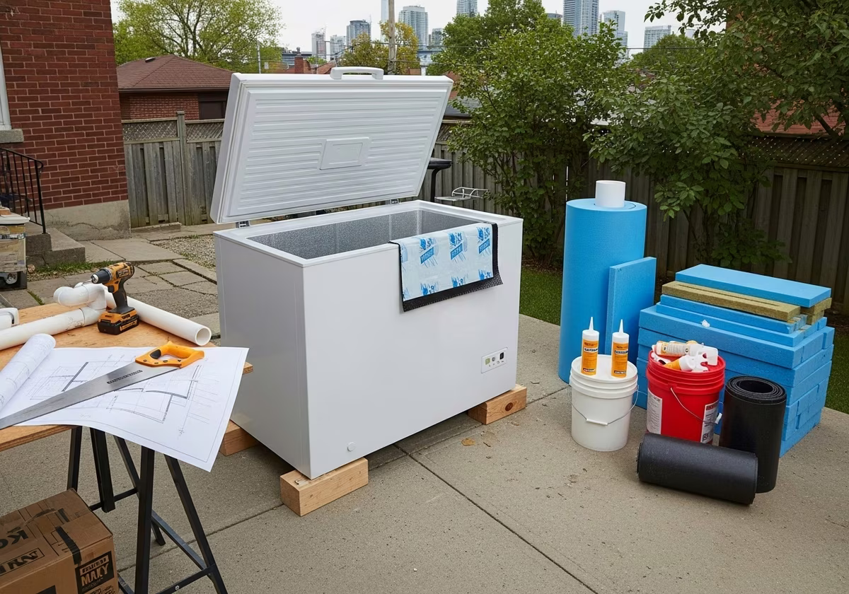 DIY Cold Plunge from Chest Freezer โ tools and materials staged in a Greater Toronto Area home
