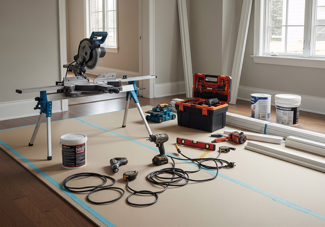 DIY vs Professional Built-Ins — tools and materials staged in a Greater Toronto Area home