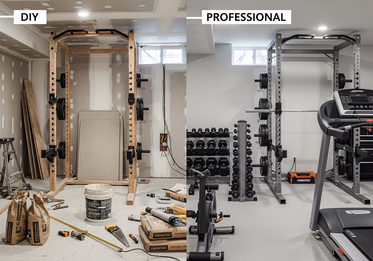 DIY vs Professional Home Gym β tools and materials staged in a Greater Toronto Area home