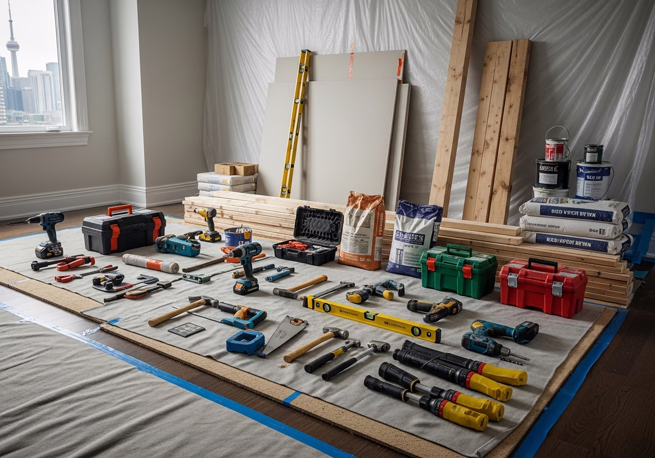 DIY vs Professional Mudroom — tools and materials staged in a Greater Toronto Area home