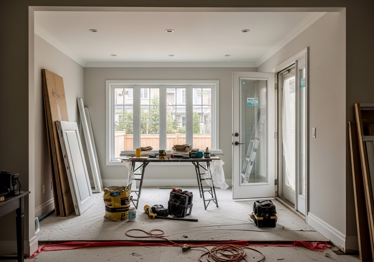 Door Installation — tools and materials staged in a Greater Toronto Area home
