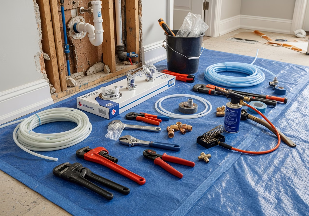 Drain Cleaning β tools and materials staged in a Greater Toronto Area home