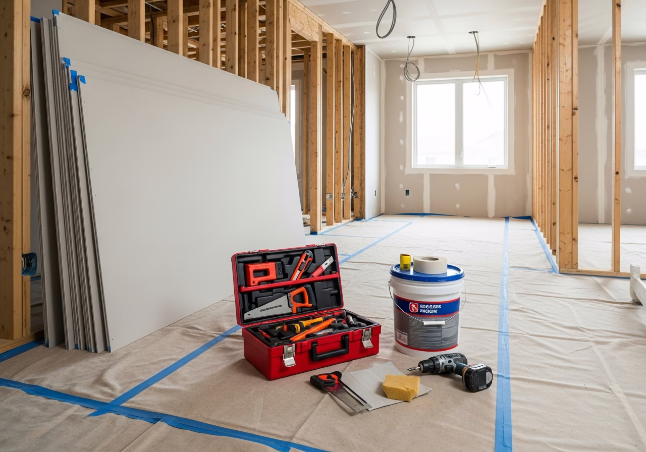 Drywall Finishing Levels 1-5 — tools and materials staged in a Greater Toronto Area home