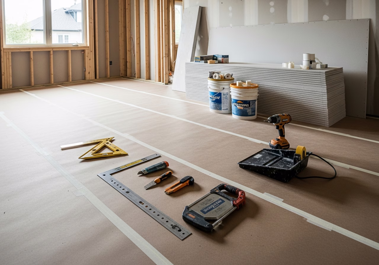 Drywall Installation — tools and materials staged in a Greater Toronto Area home