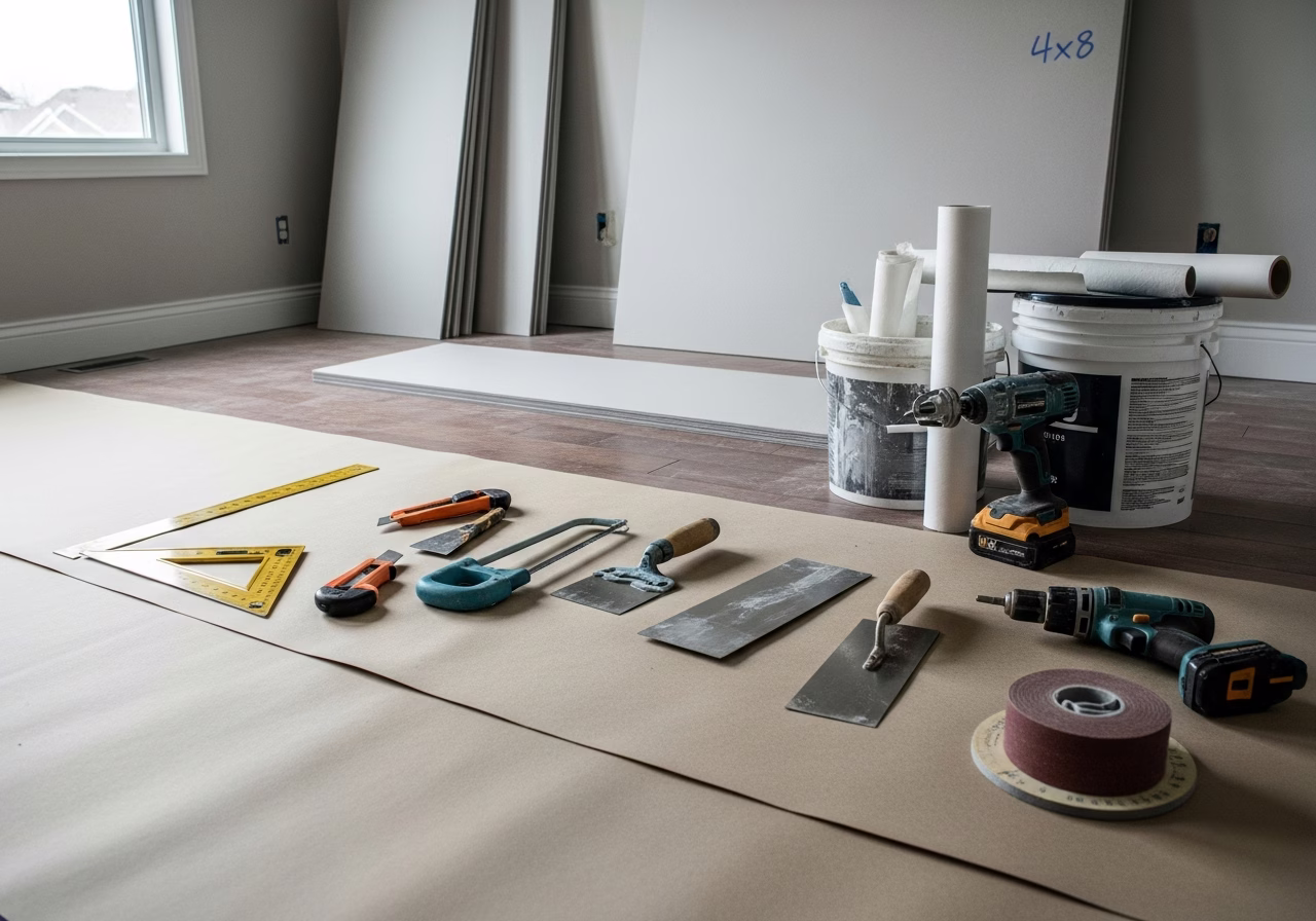 DIY vs Professional Drywall Repair — tools and materials staged in a Greater Toronto Area home