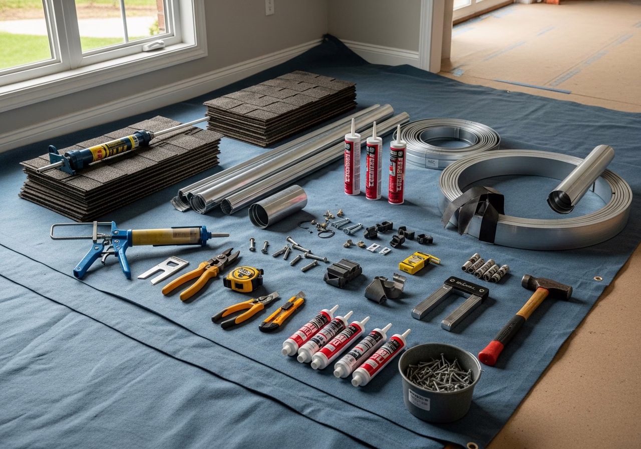 Eavestrough and Roof Repair — tools and materials staged in a Greater Toronto Area home