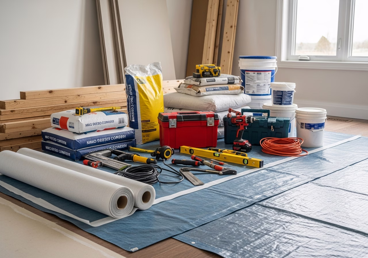 Egress Window During Basement Apartment Conversion — tools and materials staged in a Greater Toronto Area home