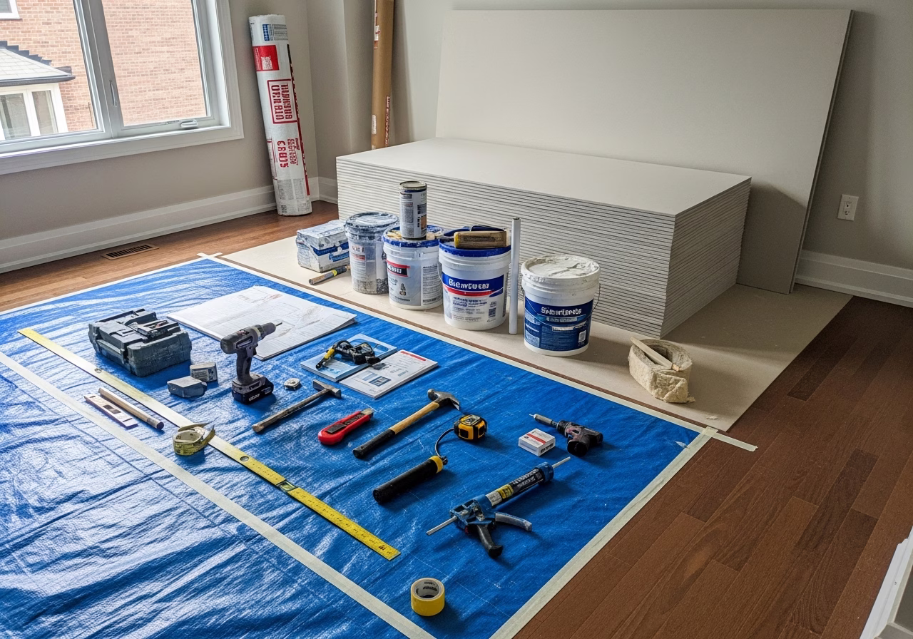 Egress Window Installation — tools and materials staged in a Greater Toronto Area home