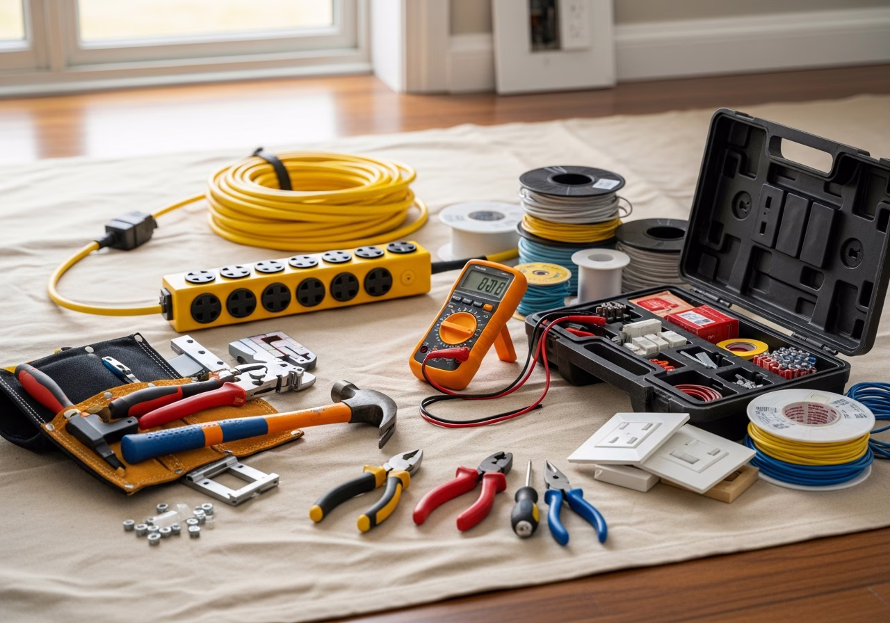 Electrical Panel Upgrade During Knob and Tube Rewiring — tools and materials staged in a Greater Toronto Area home