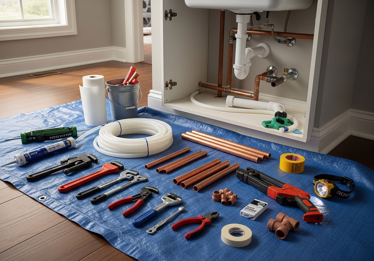 Plumbing — tools and materials staged in a Greater Toronto Area home