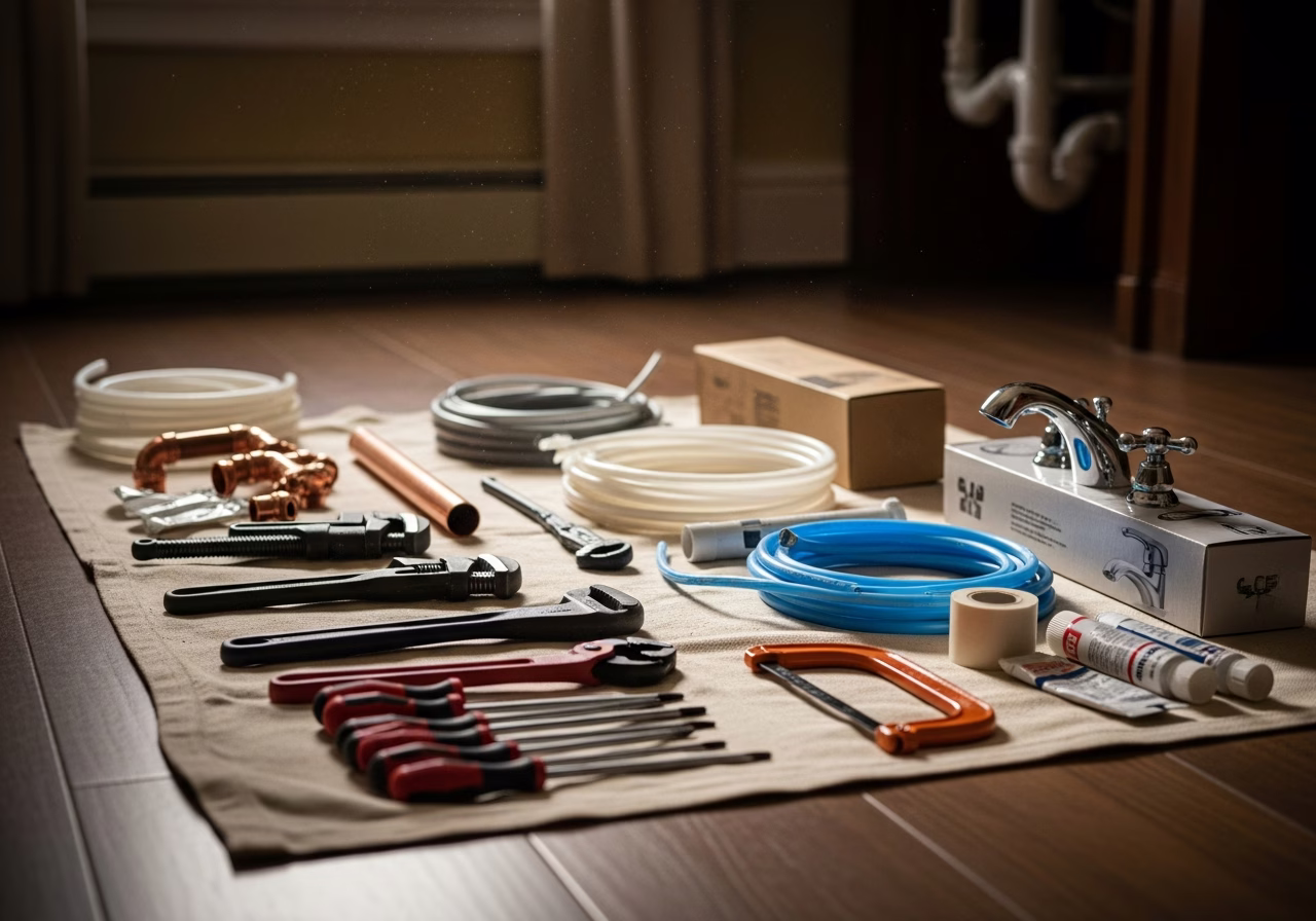 Emergency Plumbing — tools and materials staged in a Greater Toronto Area home