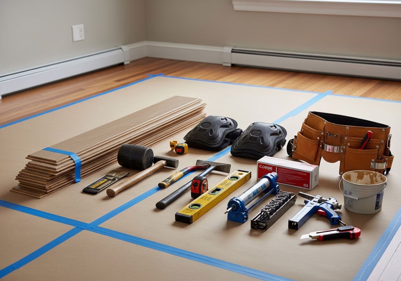 Engineered Hardwood Flooring โ tools and materials staged in a Greater Toronto Area home