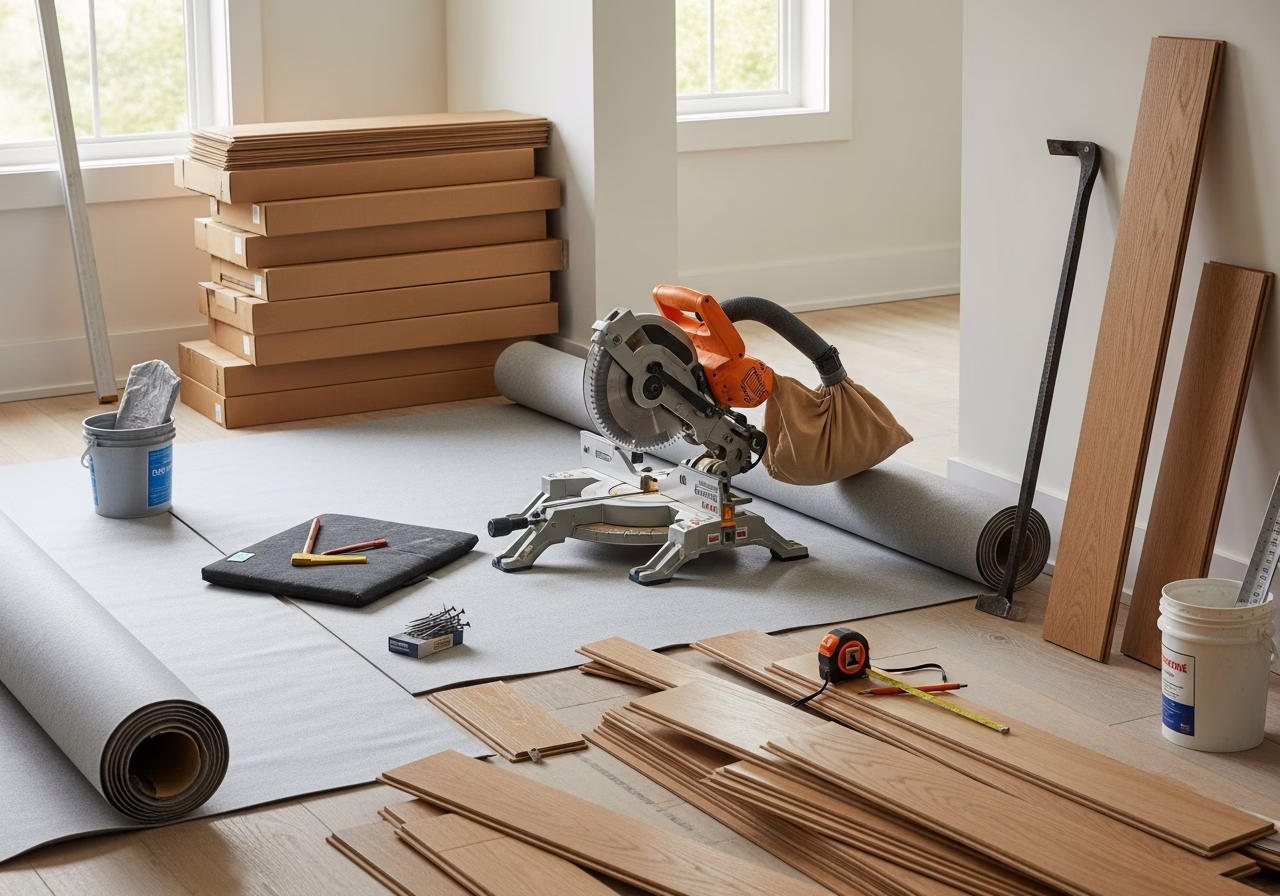 Engineered Hardwood vs Laminate — tools and materials staged in a Greater Toronto Area home