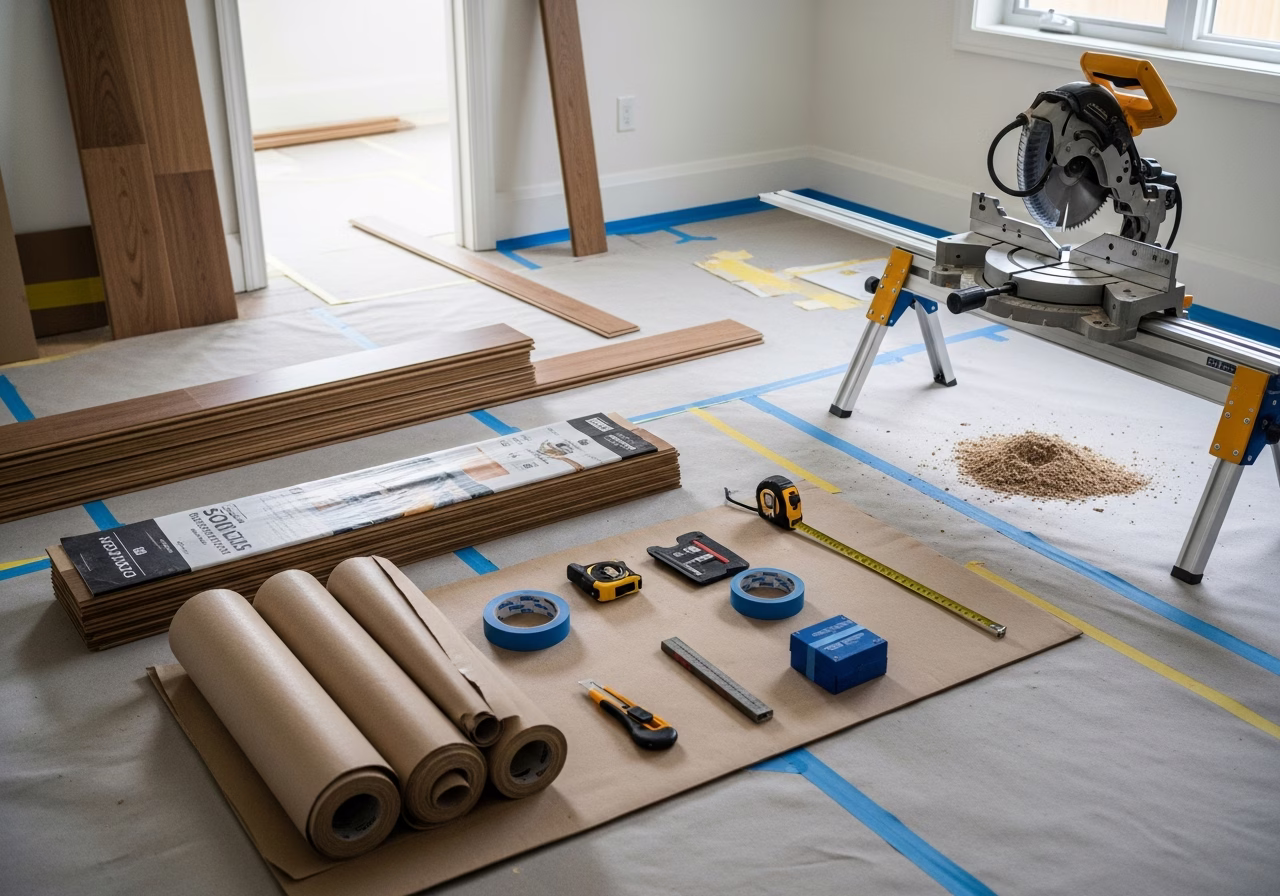 Epoxy Flooring — tools and materials staged in a Greater Toronto Area home