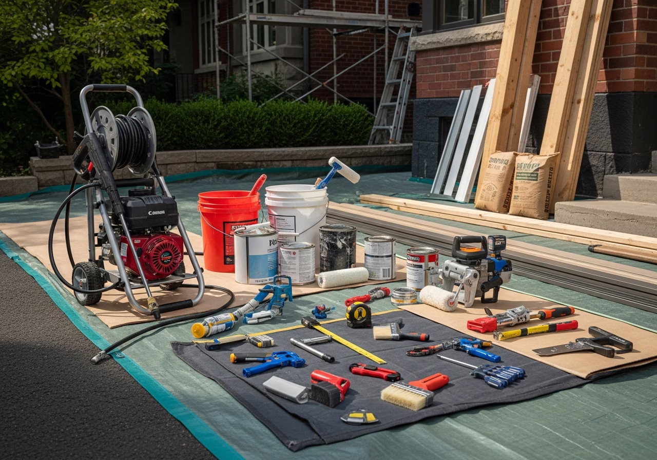 Exterior Home Maintenance — tools and materials staged in a Greater Toronto Area home