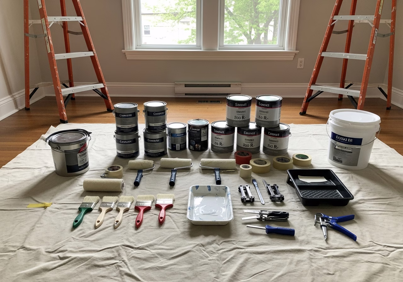 Exterior House Painting — tools and materials staged in a Greater Toronto Area home